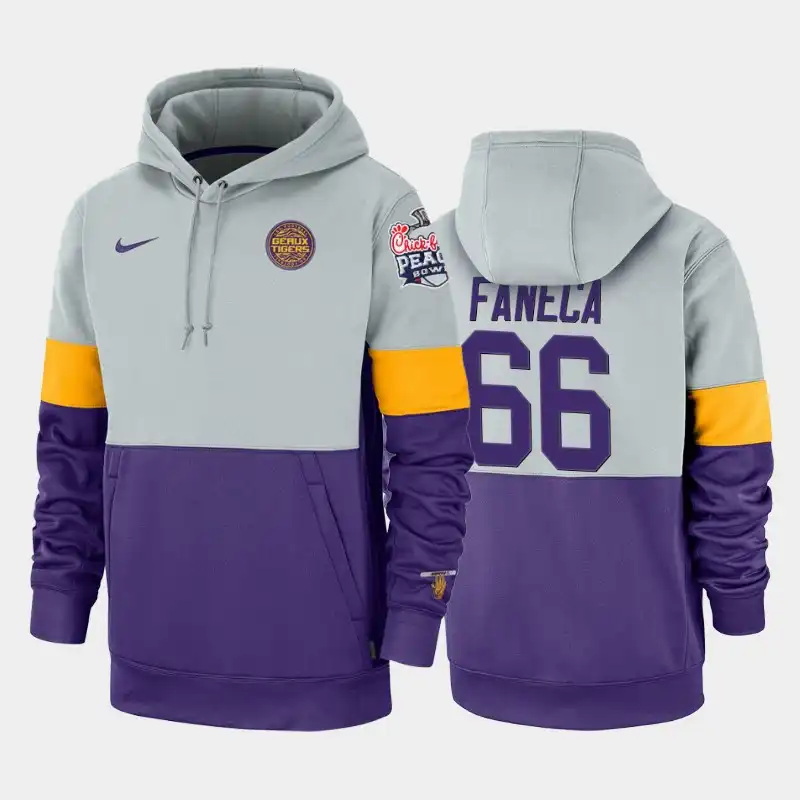 Men's LSU Tigers Alan Faneca #66 Purple Gray Rivalry Therma Performance 2019-20 Peach Bowl Champions NCAA Football Hoodie